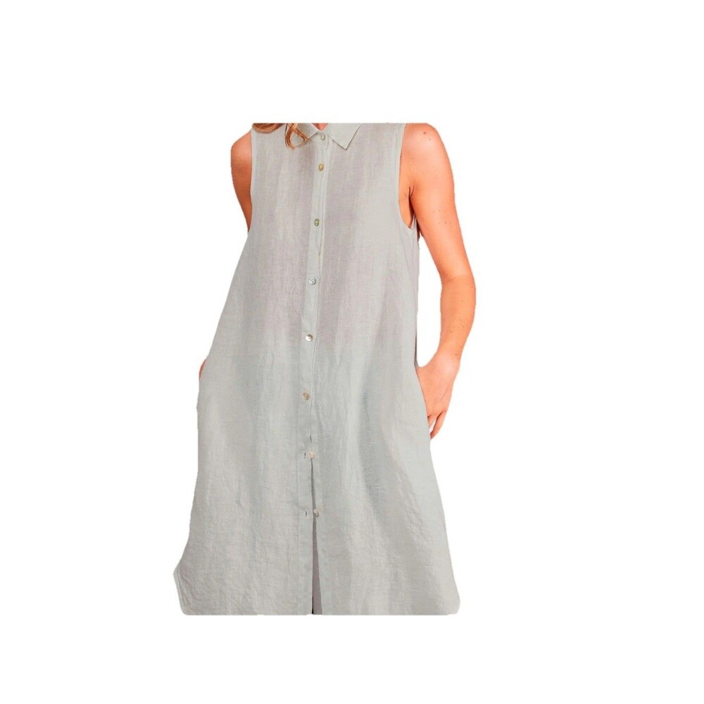 Baci Sleeveless Linen Shirtdress Button Collar Pockets Beige Small Midi Maxi